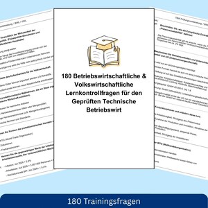 Könnte beinhalten: Ein weißes Dokument mit einer zentralen Illustration eines offenen Buches mit einer Doktorhut-Grafik. Der Text lautet 180 Betriebswirtschaftliche & Volkswirtschaftliche Lernkontrollfragen für den Geprüften Technische Betriebswirt.