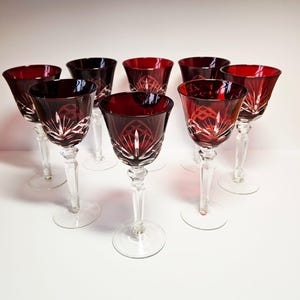 Set of 8 x Vintage Crystal 8.5” Ruby Red Cut to Clear Hock Wine Glasses