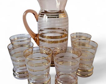 MCM 1950s Vintage Pink and Gold striped Pitcher & 6 Glasses Barware