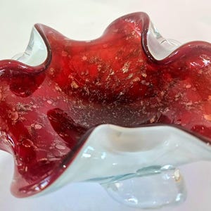 Vintage Murano Seguso Art Glass Bowl Candy Dish Red And Gold Fleck