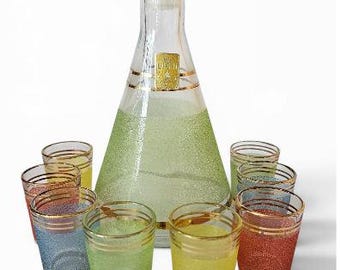 1950s Liqueur / Decanter / Glasses Set of 7 "LUXHEM" France Vintage 1960