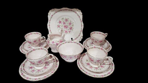 Royal Tuscan Tea Set, Fine Bone China Pink Floral Pattern