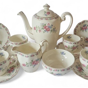 Juego de té Wedgwood "Harmony Rose" de 11 piezas, estilo vintage. Circa 1955.