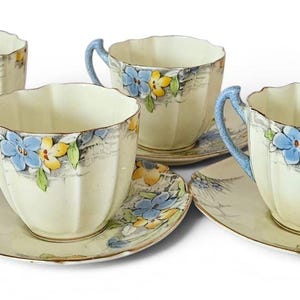 Paragon Fine Bone China set med 4 art déco handmålade duoer #9747 c1930