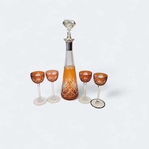 St Louis Crystal Carafe and 4 stemmed glasses, France, circa 1900s
