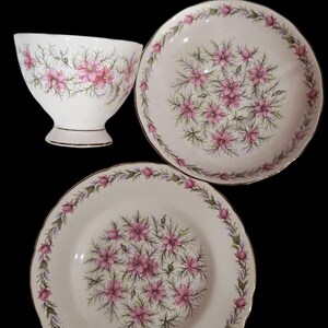May include: A vintage white teacup and two matching plates. The teacup has a pedestal base and gold trim. The plates and teacup are decorated with a pink floral pattern and green leaves. The set is against a black background.