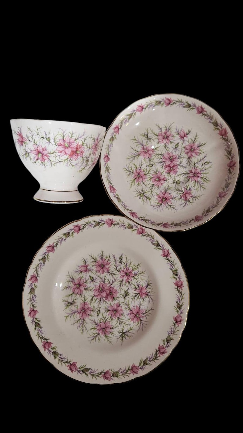 May include: A vintage white teacup and two matching plates. The teacup has a pedestal base and gold trim. The plates and teacup are decorated with a pink floral pattern and green leaves. The set is against a black background.