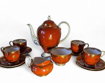 PARAGON Double Warrant Coffee Set 14 Pcs dark orange & Gold Accents 1950s