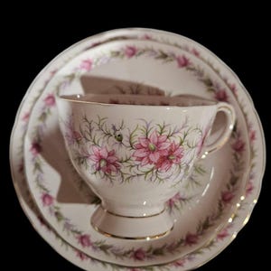May include: A vintage teacup, saucer, and side plate set. The white porcelain features a floral design with pink flowers and green leaves. Gold trim accents the edges of the cup and plates, creating an elegant aesthetic. The set is ideal for serving tea.