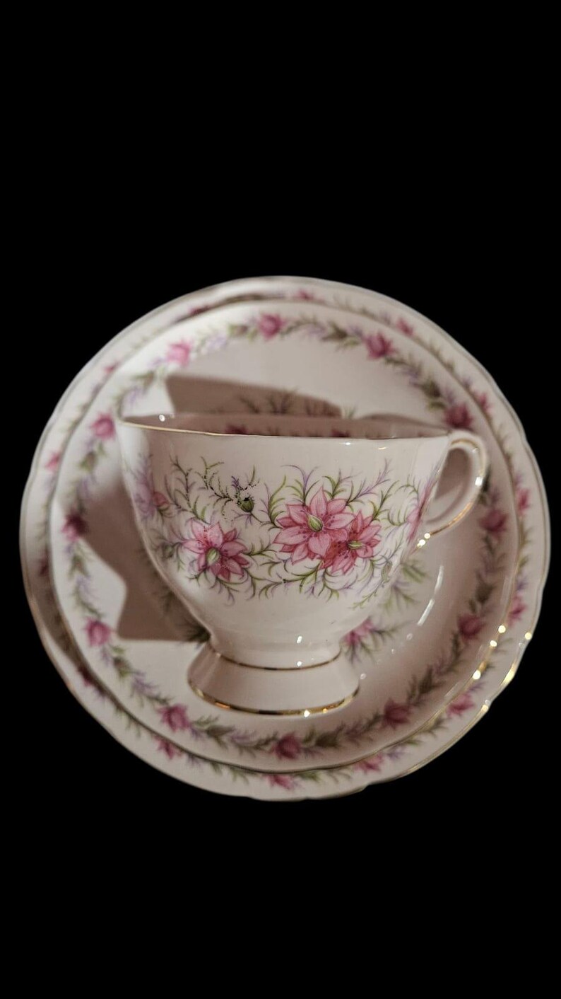 May include: A vintage teacup, saucer, and side plate set. The white porcelain features a floral design with pink flowers and green leaves. Gold trim accents the edges of the cup and plates, creating an elegant aesthetic. The set is ideal for serving tea.