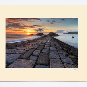 7x5″, A4 or A3 photo in ivory or white mount with oak or black photograph frame options featuring sunset at Bude Breakwater in Cornwall