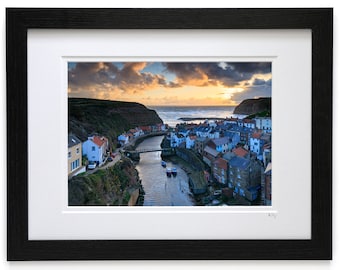 Staithes sunrise. 7x5", A4, A3 or A2 photograph in white mount with oak or black photo frame option of sunrise at Staithes, North Yorkshire.