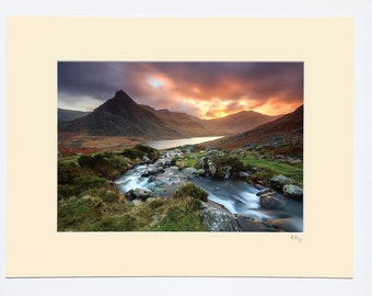 7x5″, A4 or A3 photo in ivory or white mount with oak or black photograph frame options of sunset over Tryfan in Snowdonia, Wales