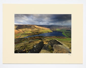 7x5″, A4 or A3 Dovestone photograph in an ivory or white mount with oak or black frame options of Dove Stone Reservoir in the Peak District.