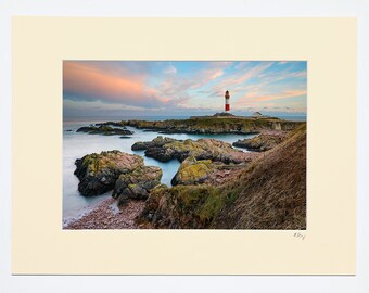 7x5, A4 or A3 photograph in ivory or white mount with oak or black photo frame options of sunset at Buchan Ness Lighthouse, Boddam, Scotland