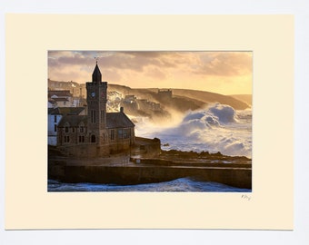 7x5, A4 or A3 photo in ivory mount with oak or black frame options featuring a photograph of a stormy morning at Porthleven in Cornwall