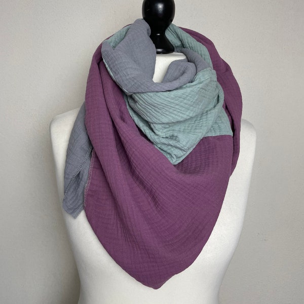 Muslin scarf in three colors // Triangular shawl made of muslin // Scarf for women