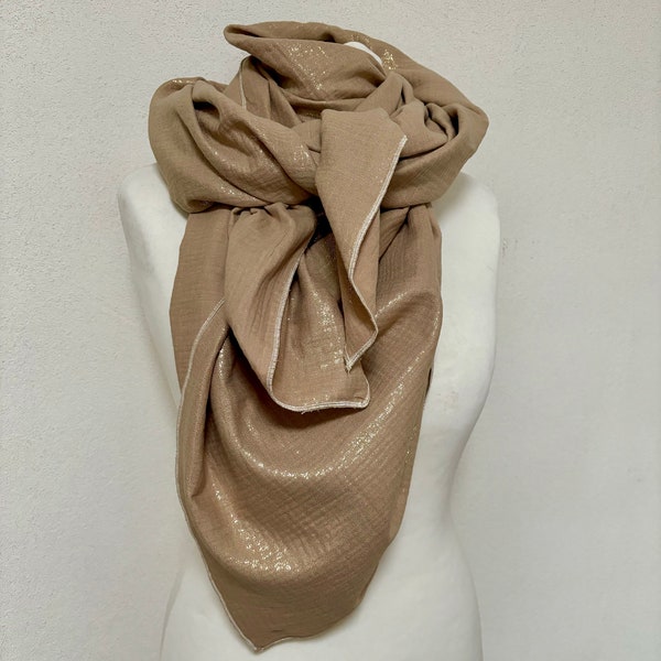 Musselin Tuch Beige mit Goldschimmer  // Schal Glitzer Gold // Schaltuch für Damen