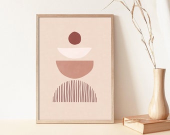 Beige Pink Abstract Shapes Art, Line Art, Geometric Half Circles Digital Art Print, Neutral Modern Minimalist Wall Art Boho Decor Poster