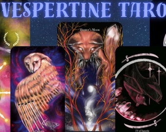 May include: Vespertine Tarot deck featuring colorful, mystical imagery. The cards depict owls, foxes, and other creatures against a backdrop of stars and swirling colors. The text "Vespertine Tarot" and "Explore the Luminous Spirit of the Evening" are displayed on the image.