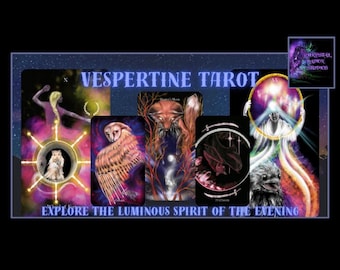May include: Vespertine Tarot deck featuring colorful illustrations of an owl, a fox, a woman holding a circle, and a raven. The cards are set against a dark blue background with stars. The text "Vespertine Tarot" and "Explore the Luminous Spirit of the Evening" are displayed on the image.
