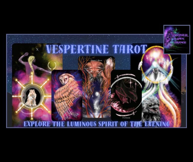 May include: Vespertine Tarot deck featuring colorful illustrations of an owl, a fox, a woman holding a circle, and a raven. The cards are set against a dark blue background with stars. The text "Vespertine Tarot" and "Explore the Luminous Spirit of the Evening" are displayed on the image.