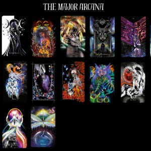 May include: A set of 22 tarot cards featuring colorful, detailed illustrations of various figures and symbols. The cards are arranged in a grid pattern with the title "THE MAJOR ARCANA" at the top.