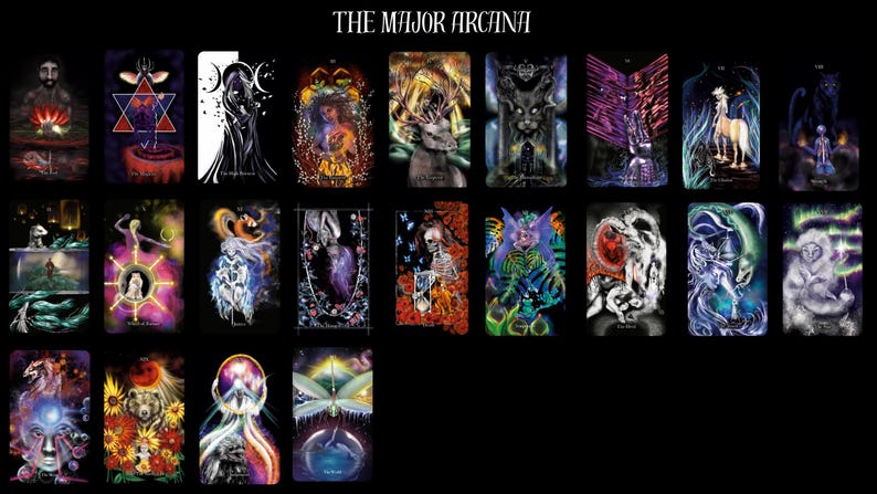 May include: A set of 22 tarot cards featuring colorful, detailed illustrations of various figures and symbols. The cards are arranged in a grid pattern with the title "THE MAJOR ARCANA" at the top.