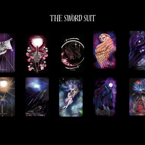 May include: A set of 14 tarot cards featuring illustrations of various scenes and symbols. The cards are part of the "Sword Suit" deck and are arranged in a grid pattern on a black background.