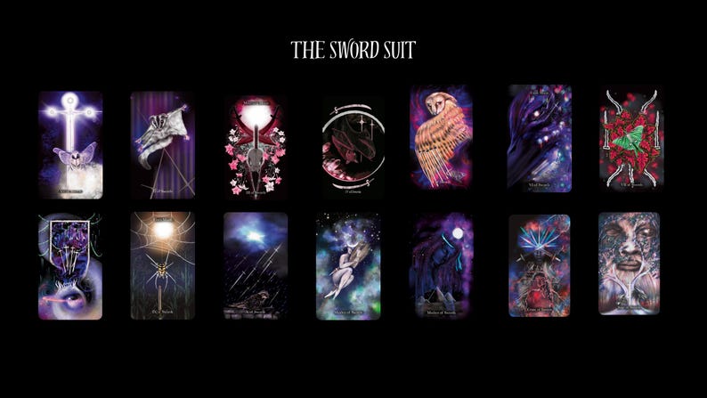 May include: A set of 14 tarot cards featuring illustrations of various scenes and symbols. The cards are part of the "Sword Suit" deck and are arranged in a grid pattern on a black background.