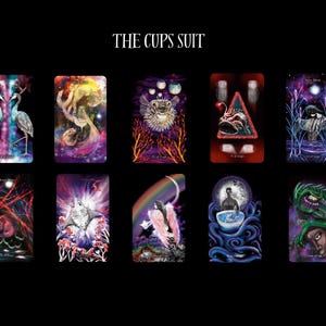 May include: A set of 10 tarot cards featuring colorful illustrations of various creatures and symbols. The cards are part of the "The Cups Suit" tarot deck.