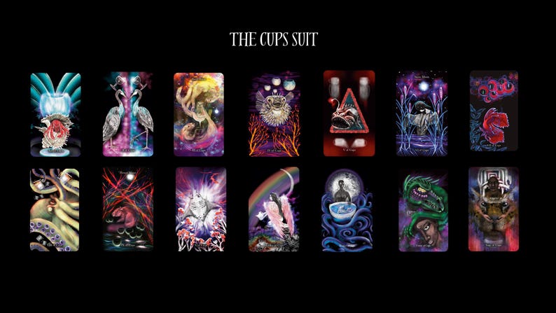 May include: A set of 10 tarot cards featuring colorful illustrations of various creatures and symbols. The cards are part of the "The Cups Suit" tarot deck.