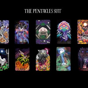 May include: A set of 14 tarot cards featuring colorful illustrations of various creatures and symbols. The cards are part of the "The Pentacles Suit" deck.