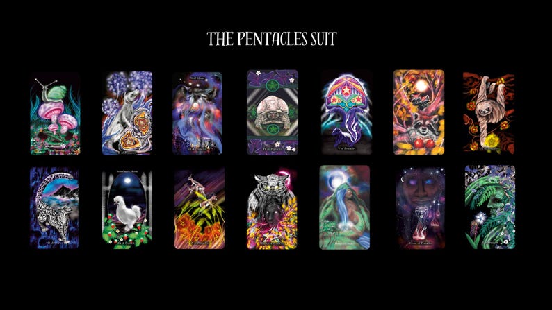 May include: A set of 14 tarot cards featuring colorful illustrations of various creatures and symbols. The cards are part of the "The Pentacles Suit" deck.