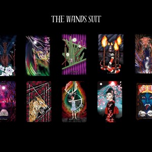 May include: A set of 14 tarot cards featuring the Wands suit. The cards are illustrated with colorful, intricate designs and feature a variety of symbols and imagery. The cards are arranged in two rows of seven, with the title "THE WANDS SUIT" at the top.