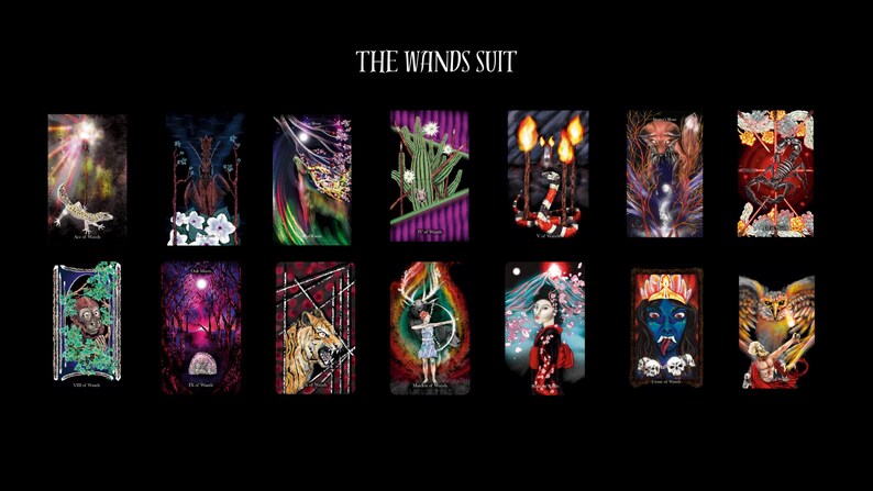 May include: A set of 14 tarot cards featuring the Wands suit. The cards are illustrated with colorful, intricate designs and feature a variety of symbols and imagery. The cards are arranged in two rows of seven, with the title "THE WANDS SUIT" at the top.