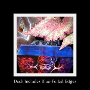 May include: A deck of cards with a blue foiled edge. The cards feature a design of two trees with red and blue lightning bolts. The deck is sitting on a table with a pink and white leaf in the background.