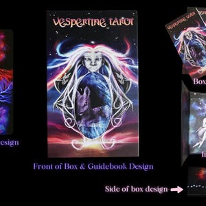 May include: A tarot deck box with a purple and blue design featuring a woman with long white hair and a wolf. The box is open to reveal the interior, which has a starry sky design and two cards with images of a woman and a wolf. The back of the cards features a tree with roots and branches in shades of blue and purple.