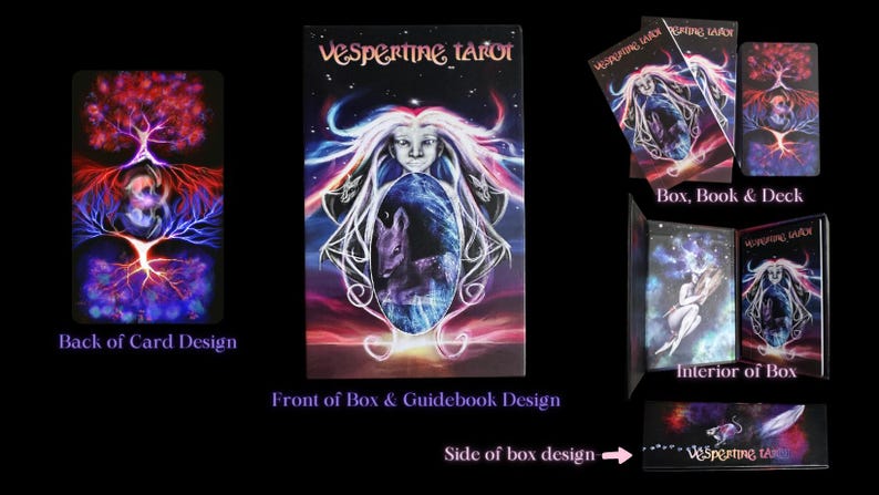 May include: A tarot deck box with a purple and blue design featuring a woman with long white hair and a wolf. The box is open to reveal the interior, which has a starry sky design and two cards with images of a woman and a wolf. The back of the cards features a tree with roots and branches in shades of blue and purple.