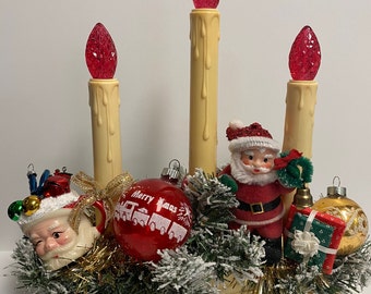 Vintage Candolier/Vintage Small Plastic Santa Mug/Vintage Flocked Santa/Christmas Decoration