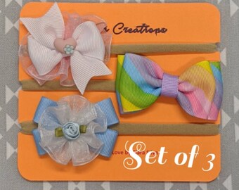 Newborn Headbands Set of 3, Toddler Headbands, Newborn Hairbow Headband, Toddler Haribows, Newborn Rainbow Hairbows, Pink Hairbows