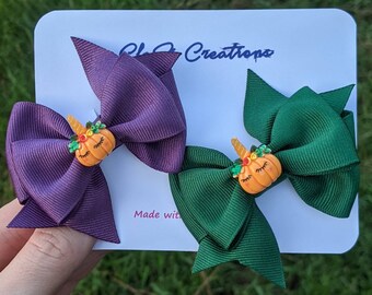 Pumpkin Unicorn PigTail Hair Bows (Alligator Clip) Halloween Unicorn Pigtail Hairbows, Little Girl Bow, Fall Hair bows, Toddler Hairbows,