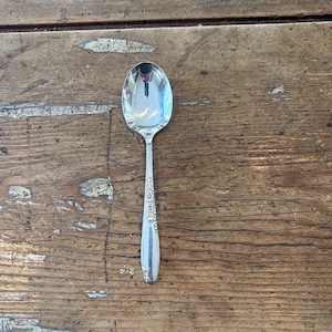 Könnte beinhalten: Ein silberfarbener Metalllöffel mit einer polierten ovalen Laffe und einem schlanken Stiel, der im unteren Bereich mit einem geprägten Blumenmuster verziert ist. Der Löffel hat eine glatte, reflektierende Oberfläche und ein klassisches Design.