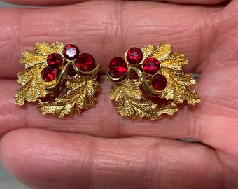 Trifari Red Rhinestone Leaf Earrings