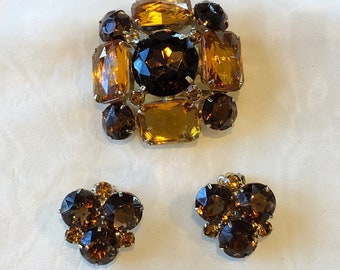 Amber Glass Brooch and Clip Earrings