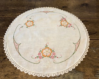 Round Linen Embroidered Dresser Scarf