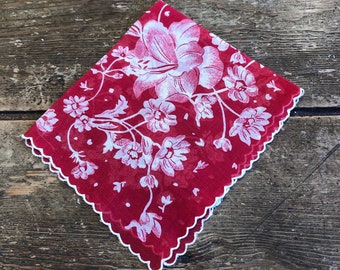 Red Floral Linen Handkerchief