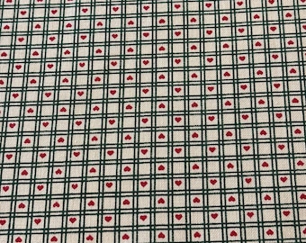 Green Check with Red Hearts Print Cotton Fabric