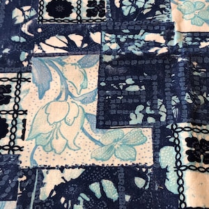 Könnte beinhalten: Ein Patchwork-Stoff mit einem blauen und weißen Blumenmuster. Der Stoff hat eine Vielzahl von verschiedenen Designs, darunter ein geometrisches Muster, ein Blumenmuster und ein Paisley-Muster.