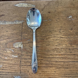 May include: A silver teaspoon with a floral design on the handle. The spoon is on a wooden surface.
